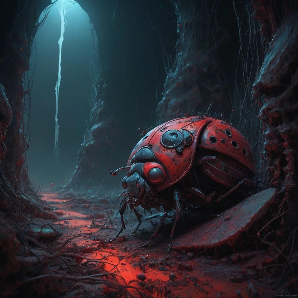 Image with seed 784571162 generated via Stable Diffusion through @stablehorde@sigmoid.social. Prompt: highly detailed digital painting of the secret lady bug project in a lab at Area 51 , highly realistic fantasy concept art by Darek Zabrocki and Zdzisław Beksiński, paint strokes, intricate, eerie scenery, dark volumetric lighting, triadic color scheme, very coherent, sharp focus, illustration, film grain, spooky vibe