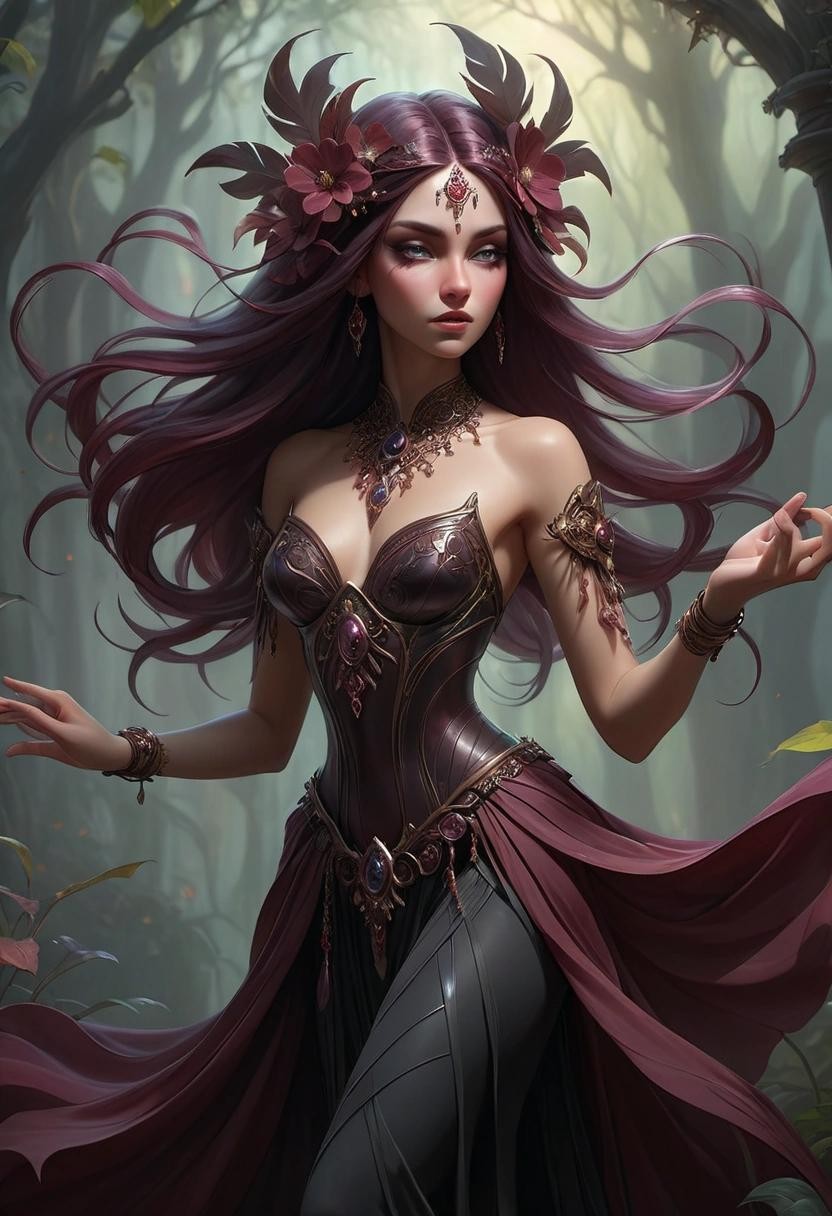 Image with seed 772729251 generated via Stable Diffusion through @stablehorde@sigmoid.social. Prompt: Dark Elven Dancer in celestial bright shimmer,symmetrical perfect face and eyes, burgundy black dress,transparent lade and varnish, feathers, shadow flowers and leaves, bohemian jewelry, highly, detailed, elegant, fantasy, ethereal, very attractive, beautiful, dynamic lighting, imperial colors, fantastic view, dramatic, Epic, misty, Peter Mohrbacher, celestial