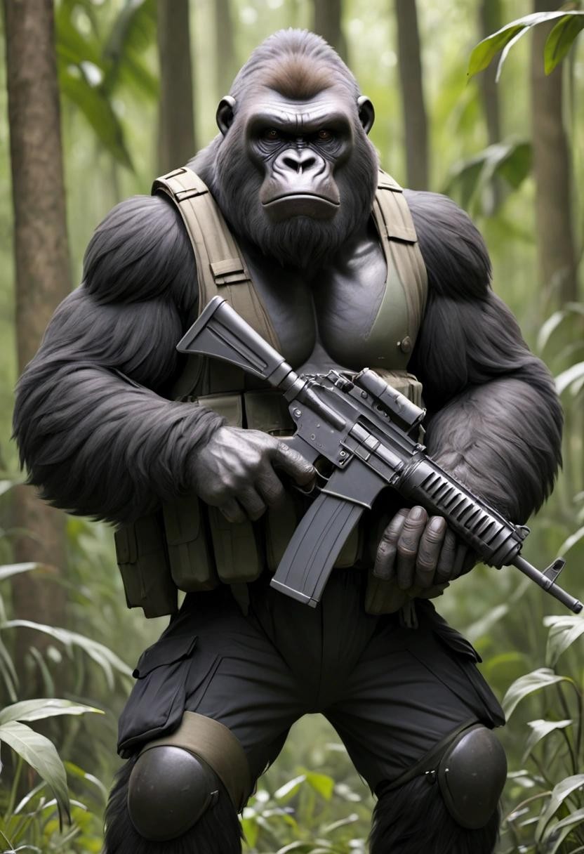 Image with seed 1027379407 generated via Stable Diffusion through @stablehorde@sigmoid.social. Prompt: heavily armed guerrilla gorilla