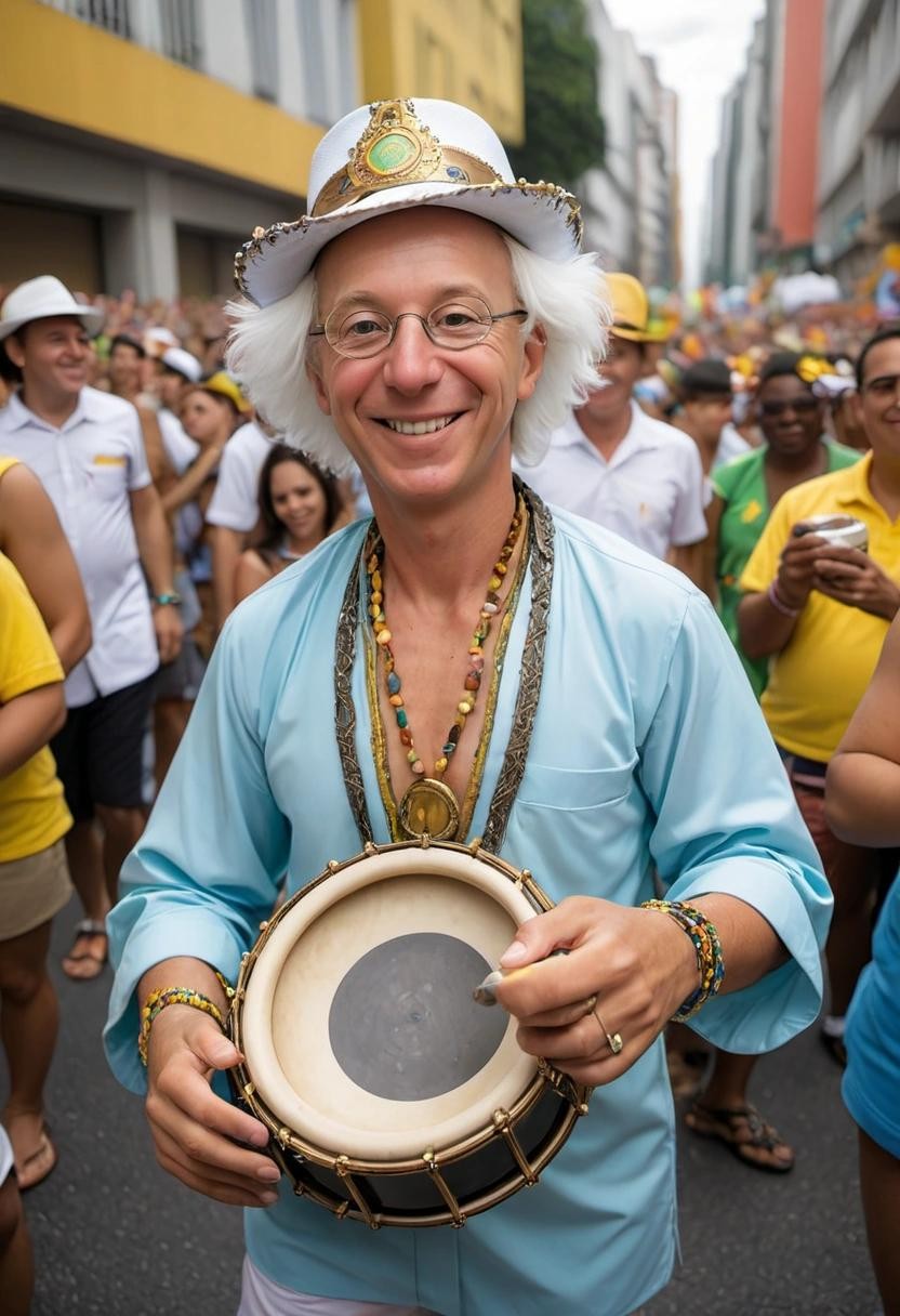Image with seed 1742978516 generated via Stable Diffusion through @stablehorde@sigmoid.social. Prompt: Euler, the mathematician, enjoying the carnival of Rio de Janeiro at the parade of samba schools, holding a tambourine.