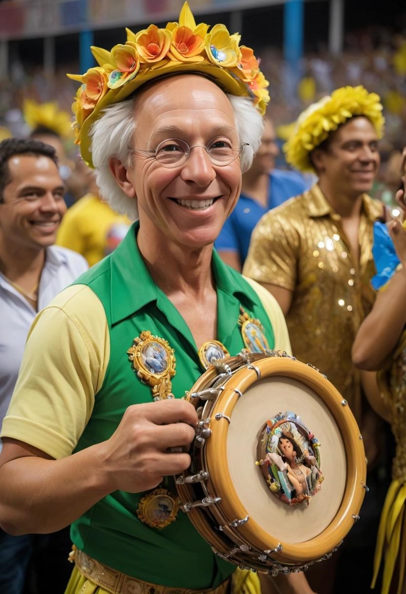 Image with seed 619277193 generated via Stable Diffusion through @stablehorde@sigmoid.social. Prompt: Euler, the mathematician, enjoying the carnival of Rio de Janeiro at the parade of samba schools, holding a tambourine, in front of a carnival float from Mangueira samba school."