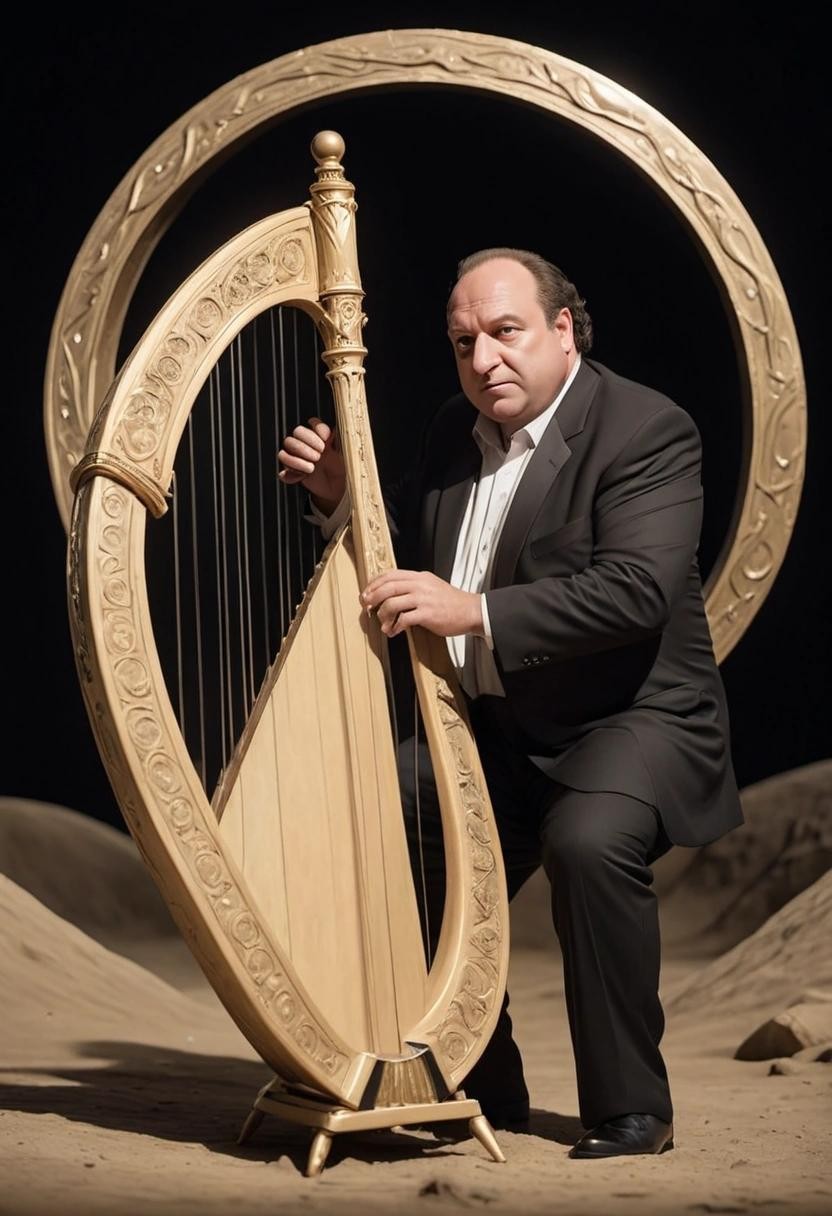 Image with seed 3096819491 generated via Stable Diffusion through @stablehorde@sigmoid.social. Prompt: world-famous harpist tony soprano playing on stage on the moon