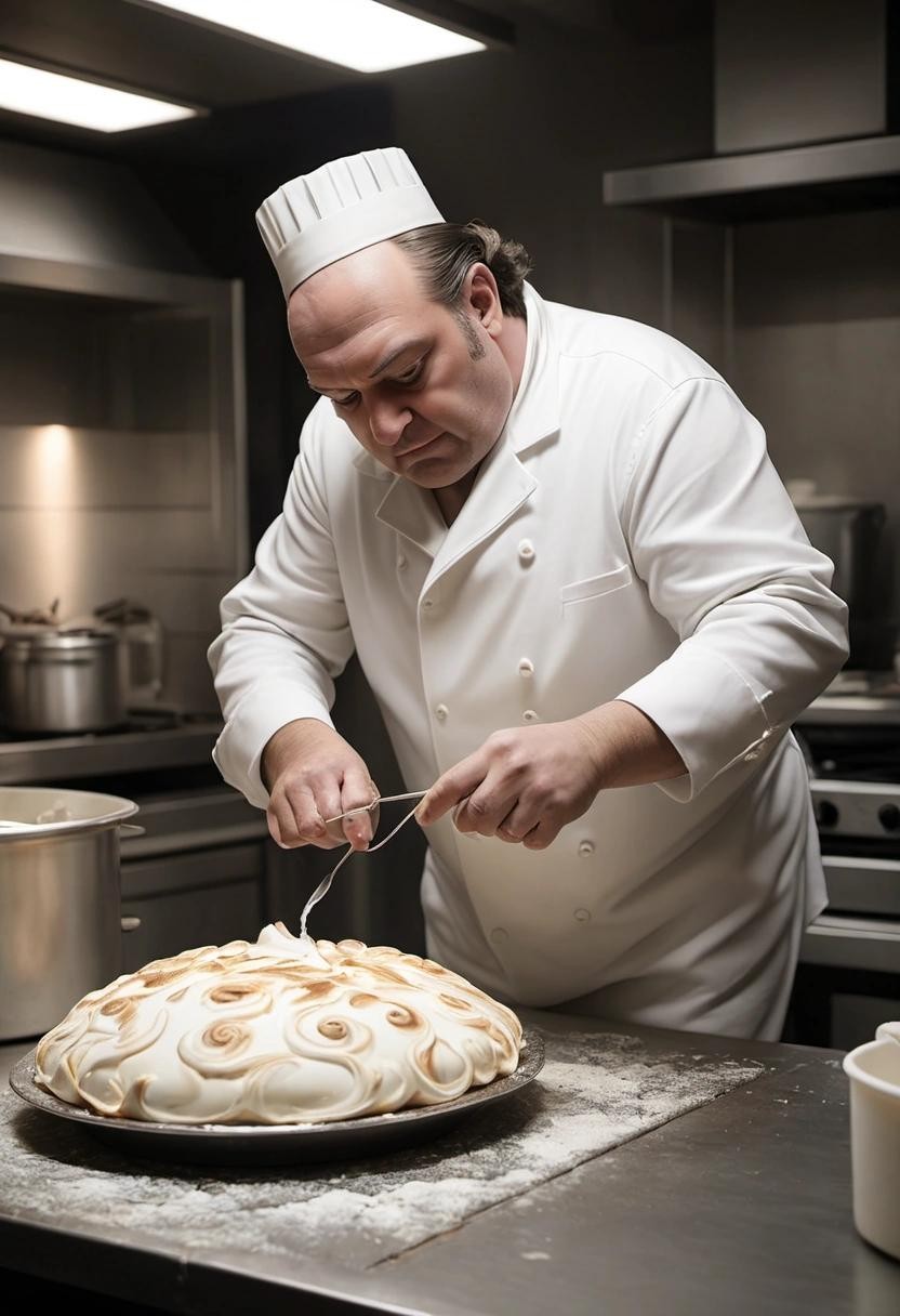 Image with seed 21593278 generated via Stable Diffusion through @stablehorde@sigmoid.social. Prompt: world famous cellist tony soprano preparing a baked alaska on a combination kitchen-soundstage in milan