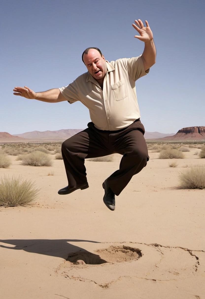 Image with seed 2478457858 generated via Stable Diffusion through @stablehorde@sigmoid.social. Prompt: tony soprano doing cartwheels through the desert climate of boston