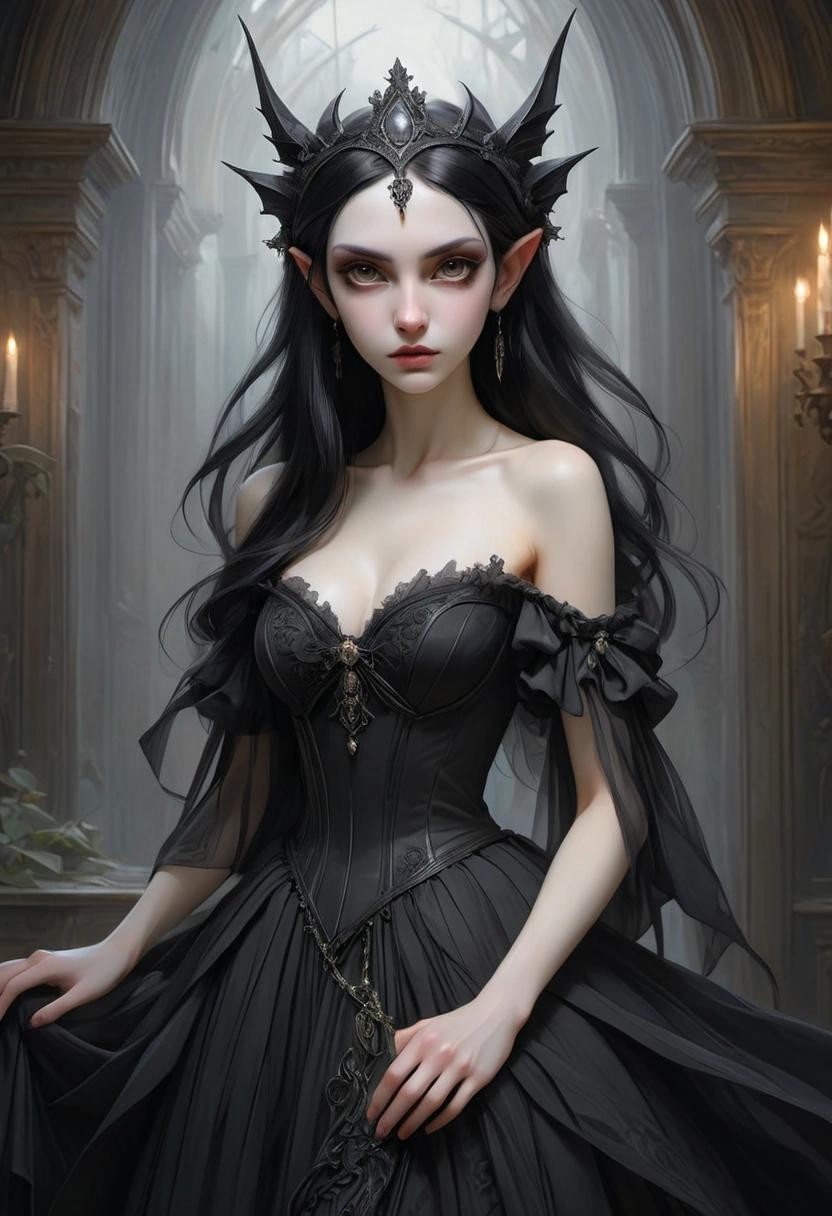 Image with seed 2615490152 generated via Stable Diffusion through @stablehorde@sigmoid.social. Prompt: a beautiful very pale white ((Elf woman)) with black hair and long ((pointy ears)) wearing a vaporous black gothic tulle dress and gothic lolita headpiece,elegant, extremely detailed, intricate, oil on canvas, very attractive, beautiful, wallpaper, crisp quality, Pino Daeni, Josephine Wall, Daniel Gerhartz