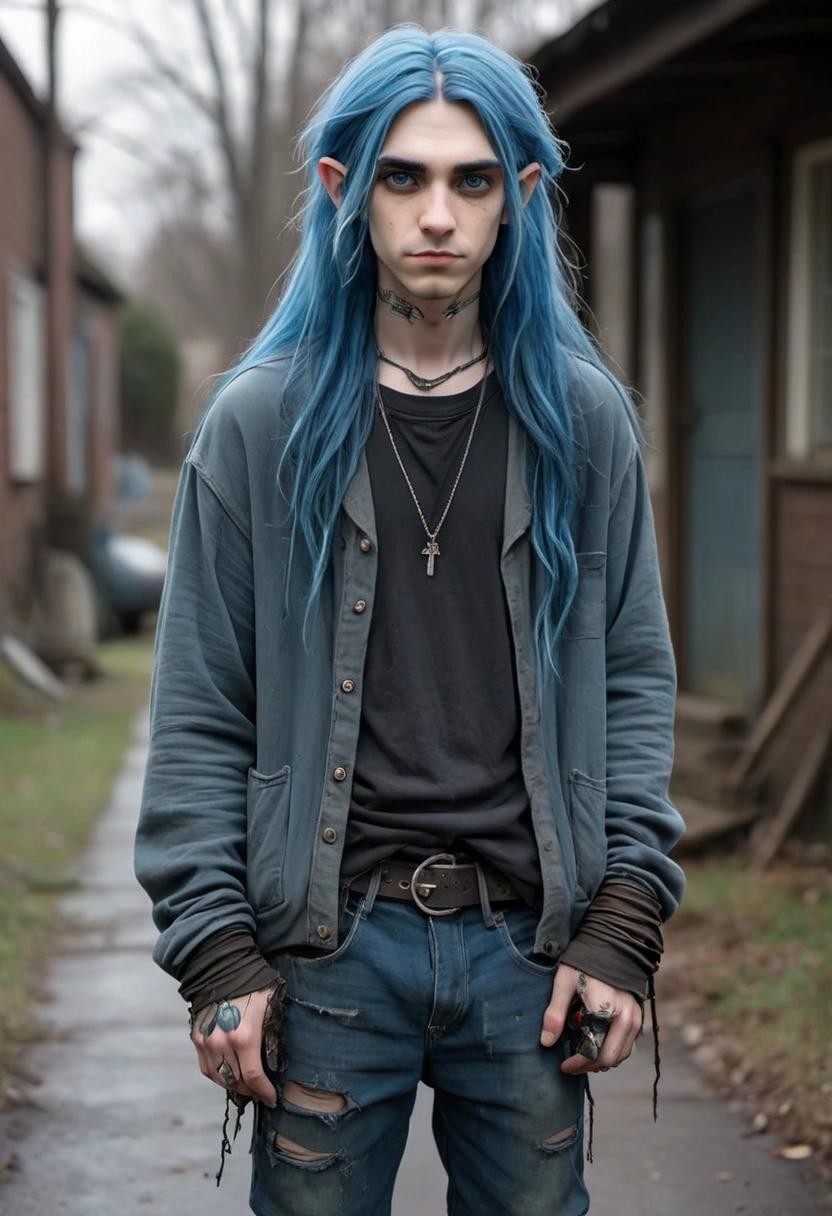 Image with seed 2982269585 generated via Stable Diffusion through @stablehorde@sigmoid.social. Prompt: a handsome High Elven goth boy with long blue hair, pointy ears, wearing grungy thrift store clothes, a vintage t-shirt, wool sweater, and work jacket, with ripped and stained blue jeans, and old dirty boots 