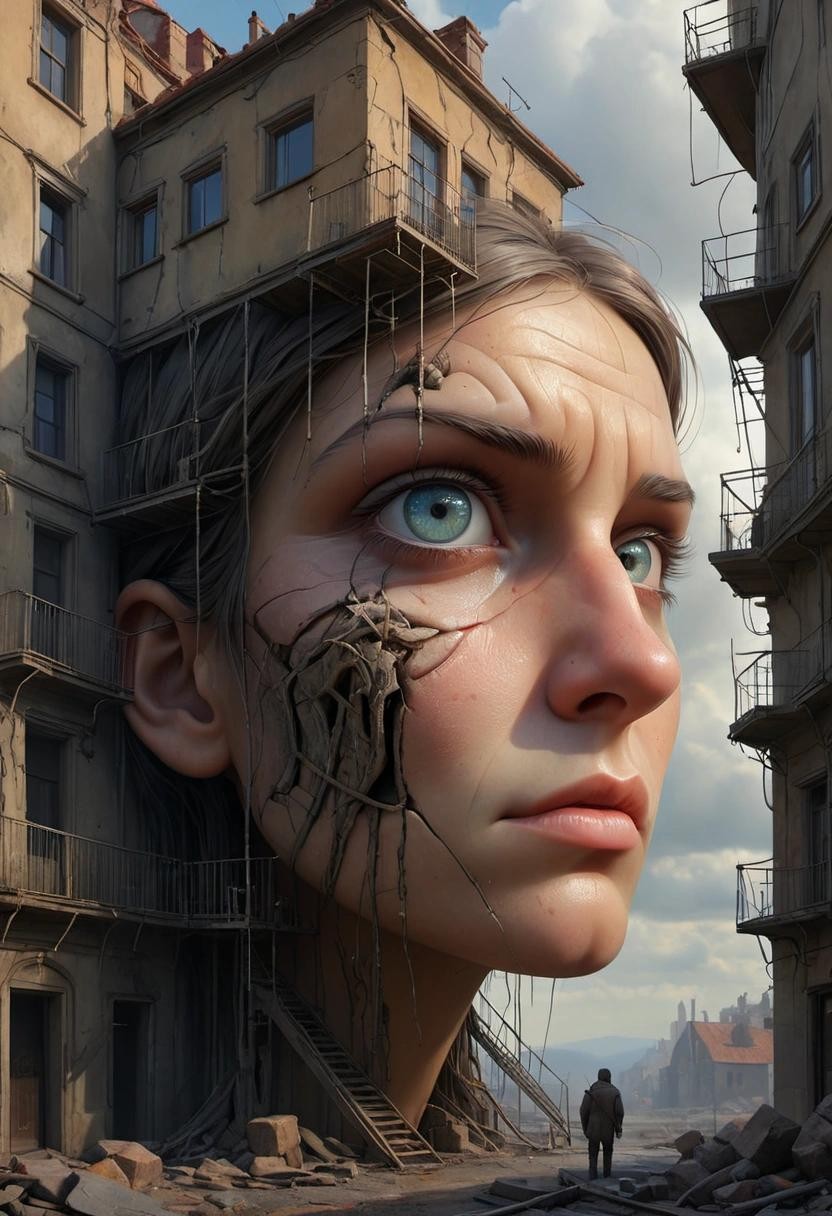 Image with seed 3998144122 generated via Stable Diffusion through @stablehorde@sigmoid.social. Prompt: Under Reconstruction; highly detailed digital painting in the style of Loui Jover and Zdzisław Beksiński and Peter Gric and Bryan Larsen, perfect beautiful realistic eyes, scaffolding in landscape, cracks, fissures, weathered ancient stone, by Catrin Welz-Stein, van Gogh, colourful, cinematic, 4k, epic , sharp focus, diodes, smoke, sparks, motherboard, ladders, branches, clouds of steam, by Greg Rutkowski, artstation, hyperrealism, painting, concept art of detailed character design, matte painting, 4 k resolution, blade runner