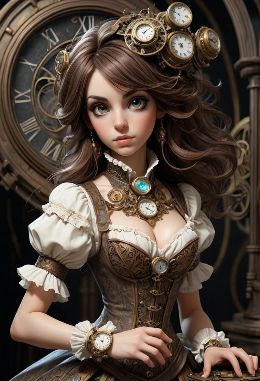 Image with seed 1287338682 generated via Stable Diffusion through @stablehorde@sigmoid.social. Prompt: Roccoco Clockwork Girl, clockworkpunk, fantasy