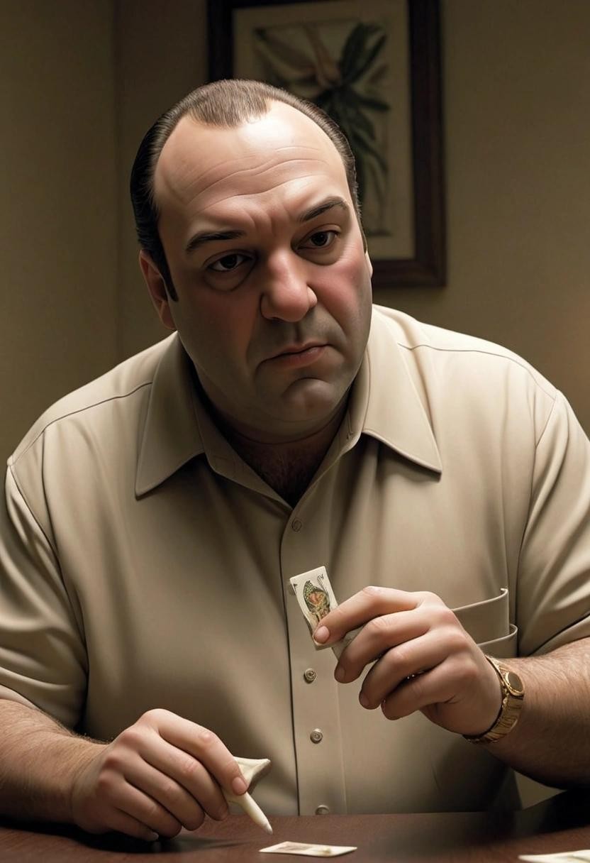 Image with seed 1903806357 generated via Stable Diffusion through @stablehorde@sigmoid.social. Prompt: tony soprano offering you a joint and asking "¿quieres?"