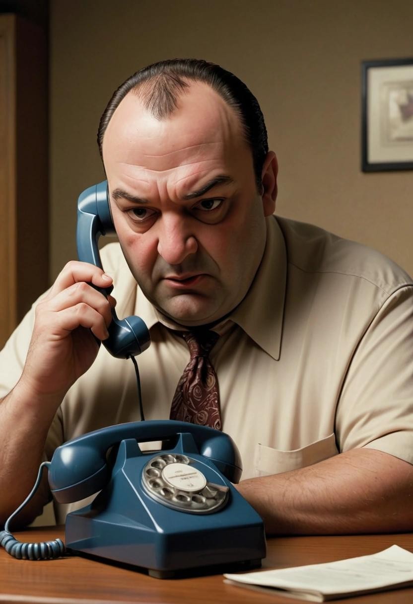 Image with seed 3546851670 generated via Stable Diffusion through @stablehorde@sigmoid.social. Prompt: tony soprano dialing a rotary phone and telling a limerick to whoever picks up