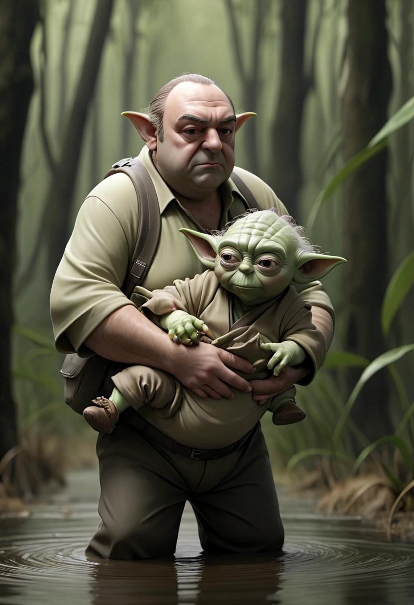 Image with seed 3717232502 generated via Stable Diffusion through @stablehorde@sigmoid.social. Prompt: Tony soprano carrying Yoda on his back through Dagobah swamp
