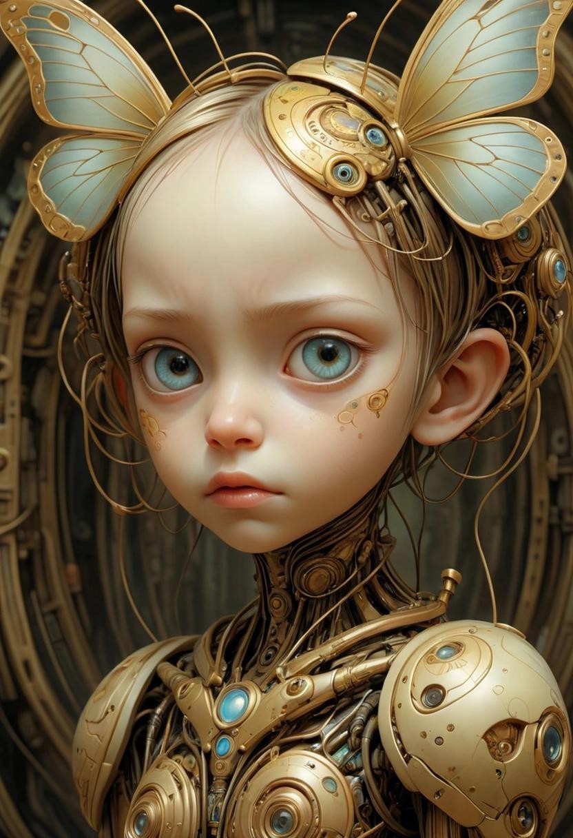 Image with seed 2383876017 generated via Stable Diffusion through @stablehorde@sigmoid.social. Prompt: biomorphic android cyborg butterfly child, portrait, close up, hyperdetailed, Daniel Merriam, Naoto Hattori, Peter Gric, Victo Ngai