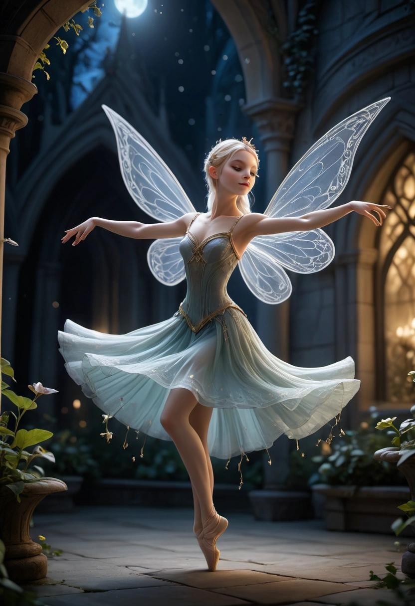 Image with seed 894907273 generated via Stable Diffusion through @stablehorde@sigmoid.social. Prompt: Elfin ballerina dancing in the High Elven Royal Palace Garden at night in the moonlight, graceful, magical, fantasy