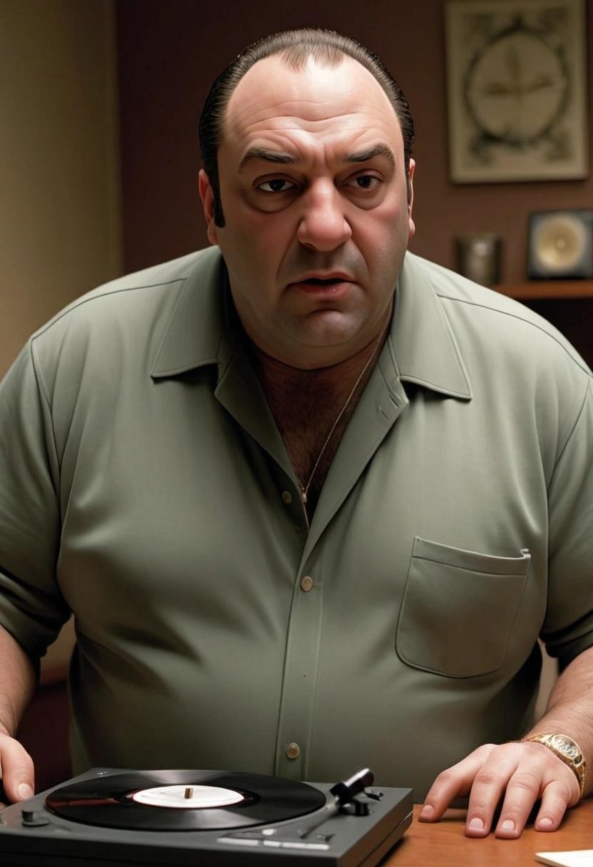 Image with seed 1443786169 generated via Stable Diffusion through @stablehorde@sigmoid.social. Prompt: tony soprano expounding on the virtues of the FLAC format for his audio