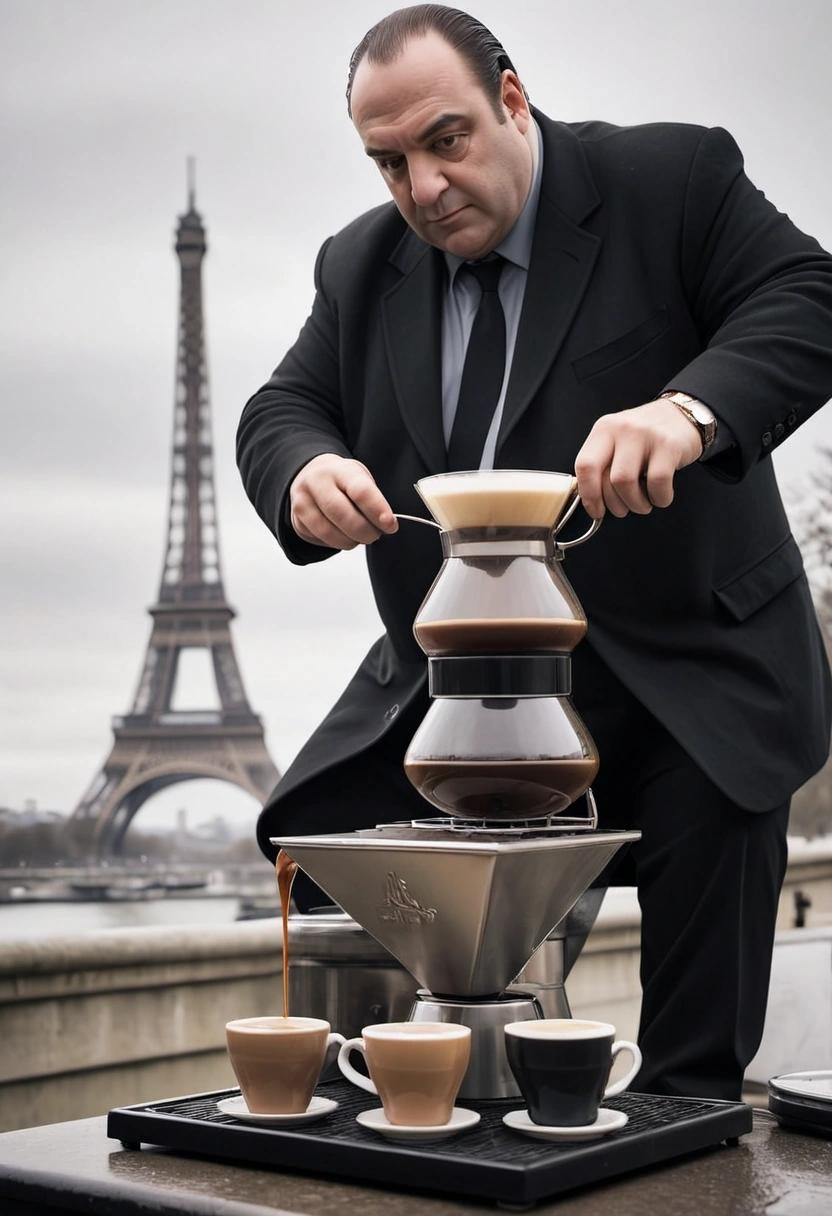 Image with seed 1072168045 generated via Stable Diffusion through @stablehorde@sigmoid.social. Prompt: tony soprano brewing a pourover coffee by london's most famous landmark: the eiffel tower