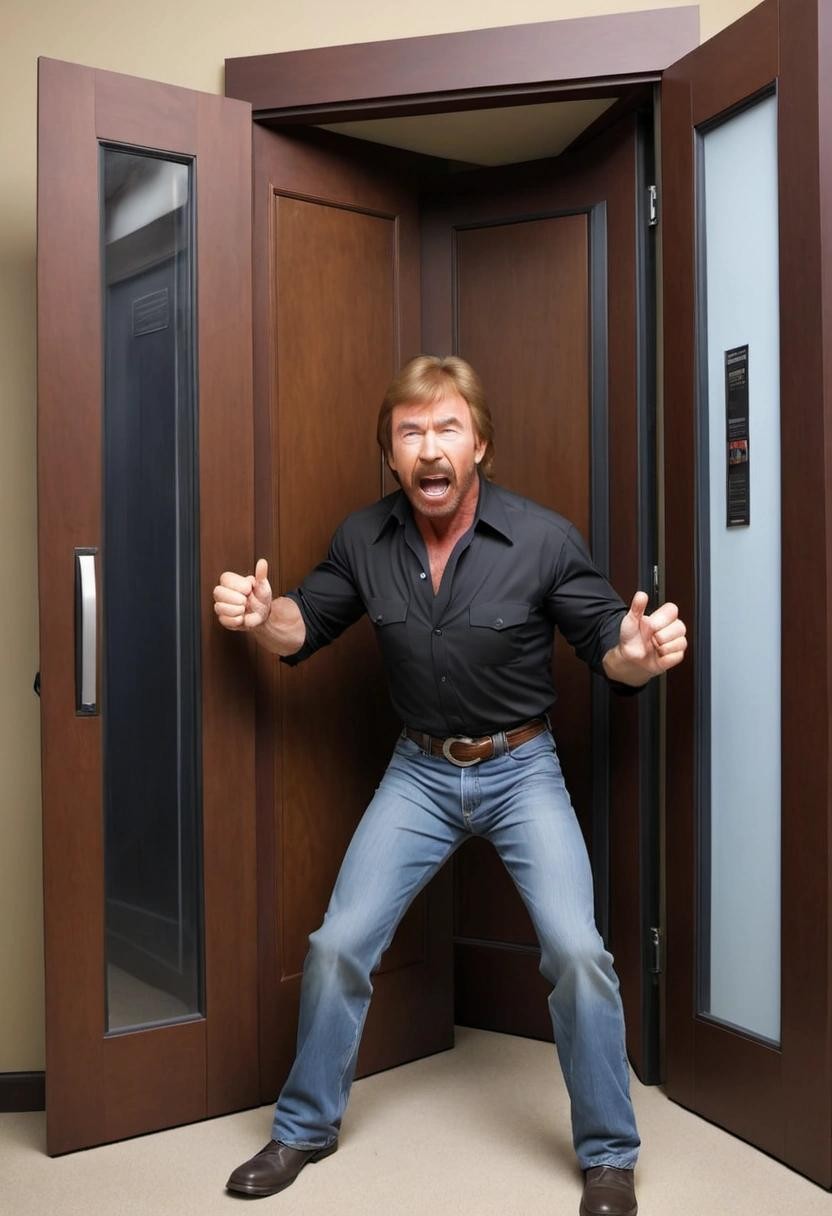 Image with seed 2006111493 generated via Stable Diffusion through @stablehorde@sigmoid.social. Prompt: Chuck Norris is slamming a revolving door shut 