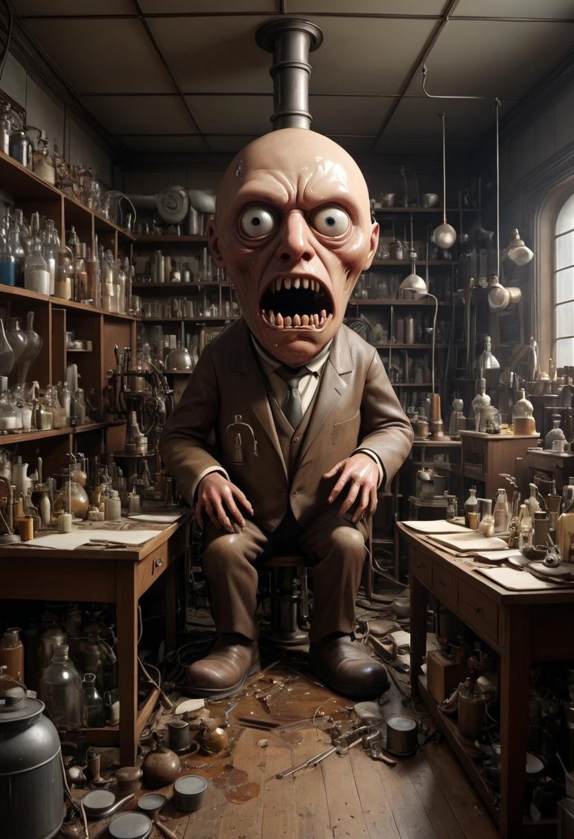 Image with seed 1454137770 generated via Stable Diffusion through @stablehorde@sigmoid.social. Prompt: a cluttered Edwardian laboratory with a giant melting head halfway in the floor.