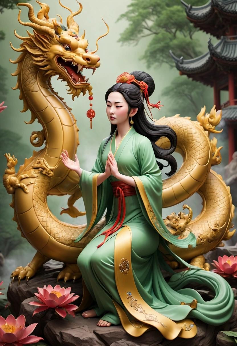 Image with seed 1913766141 generated via Stable Diffusion through @stablehorde@sigmoid.social. Prompt: Guan Yin telling the Chinese Zodiac dragon to calm down.