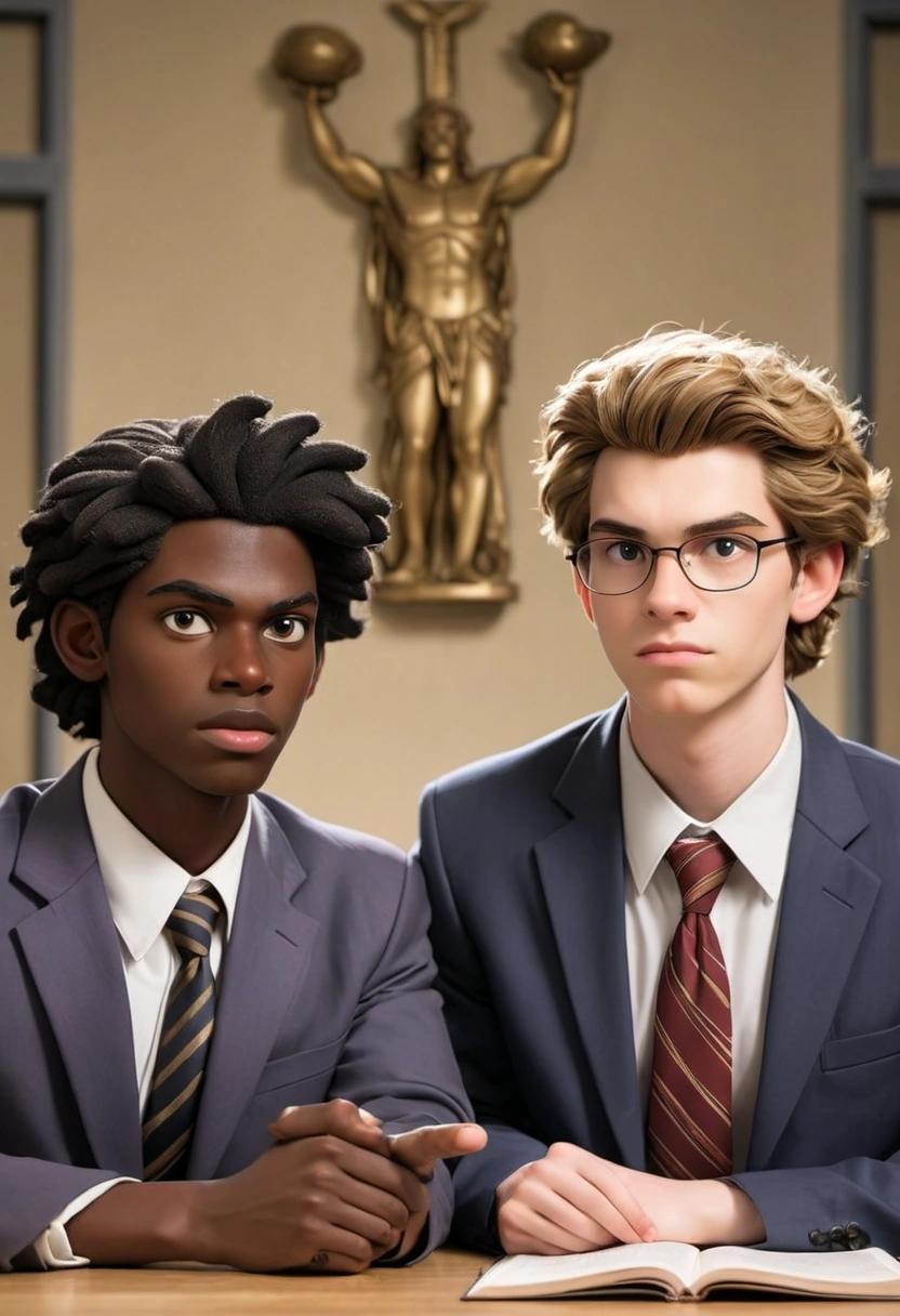 Image with seed 2949070819 generated via Stable Diffusion through @stablehorde@sigmoid.social. Prompt: Zeus & Jehovah in high school Debate Club.