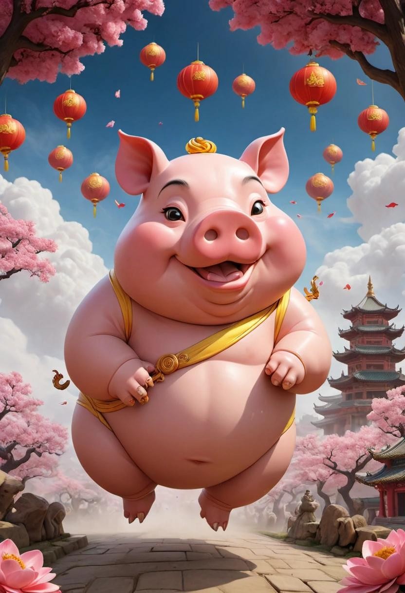 Image with seed 2383484927 generated via Stable Diffusion through @stablehorde@sigmoid.social. Prompt: the Chinese zodiac  Earth Pig coming in last in the heavenly race (much to Buddha’s delight).