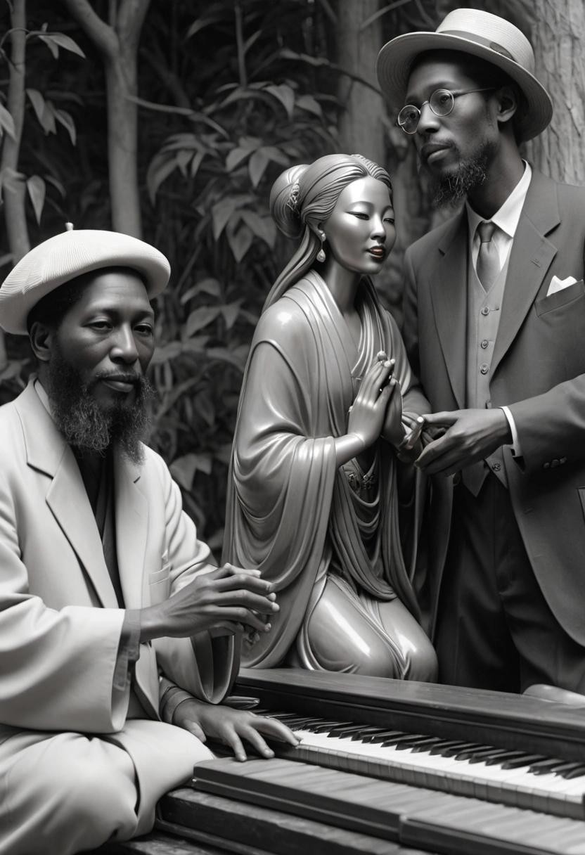 Image with seed 2328261049 generated via Stable Diffusion through @stablehorde@sigmoid.social. Prompt: Quan Yin with Thelonious Monk and  Fredrich Engels.