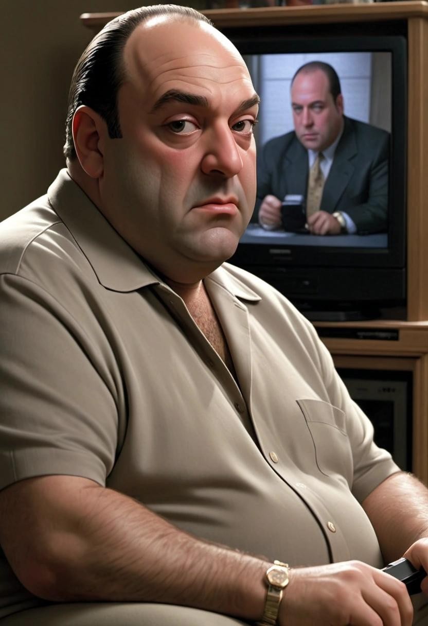 Image with seed 2437921047 generated via Stable Diffusion through @stablehorde@sigmoid.social. Prompt: tony soprano watching "DVD screensavers gone wild" on his flat screen TV
