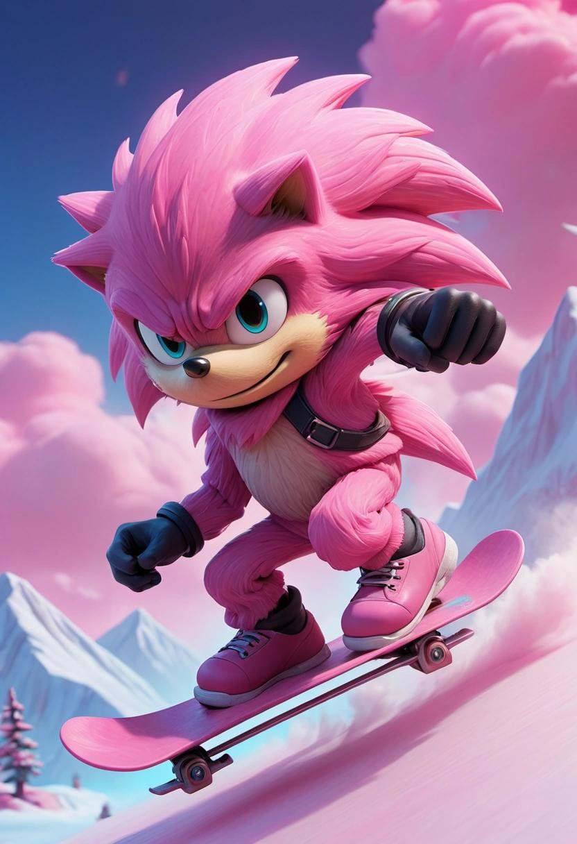 Image with seed 814612413 generated via Stable Diffusion through @stablehorde@sigmoid.social. Prompt: sonic the hedgehog snowboarding through neon pink clouds