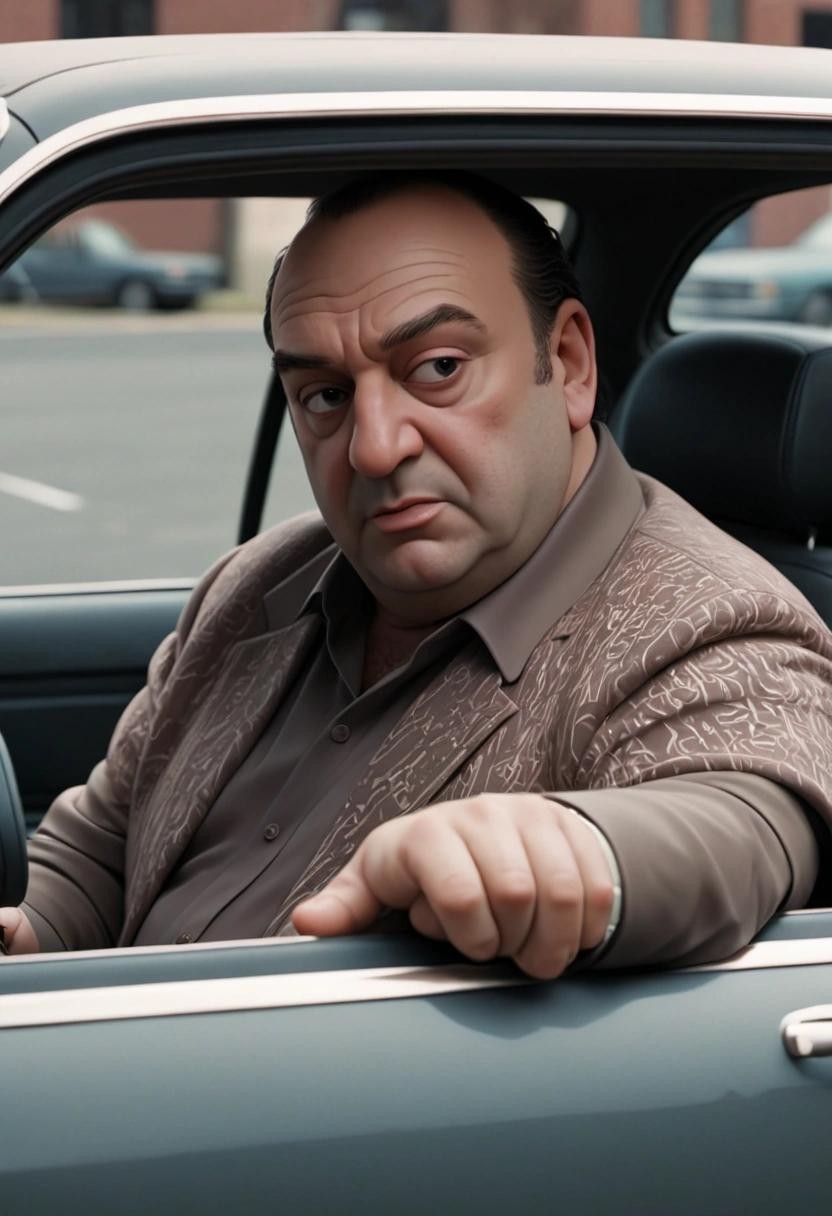 Image with seed 3871432015 generated via Stable Diffusion through @stablehorde@sigmoid.social. Prompt: tony soprano driving around in an AI-generated car