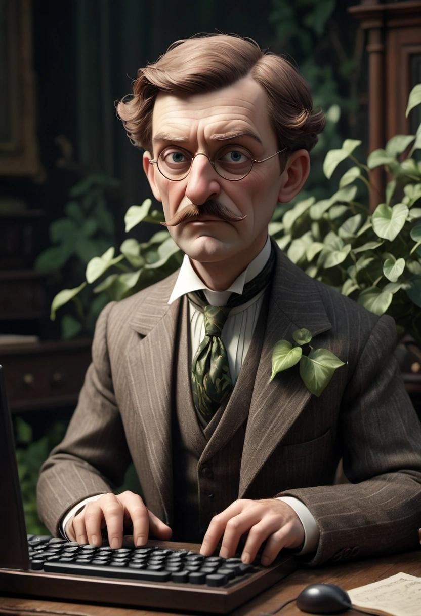 Image with seed 924203008 generated via Stable Diffusion through @stablehorde@sigmoid.social. Prompt: an Edwardian gentleman with a computer keyboard for a face. No eyeballs. God rays. Mystic ivy.