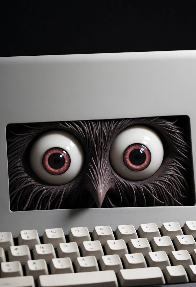 Image with seed 2069490106 generated via Stable Diffusion through @stablehorde@sigmoid.social. Prompt: a keyboard with eerie eyes.