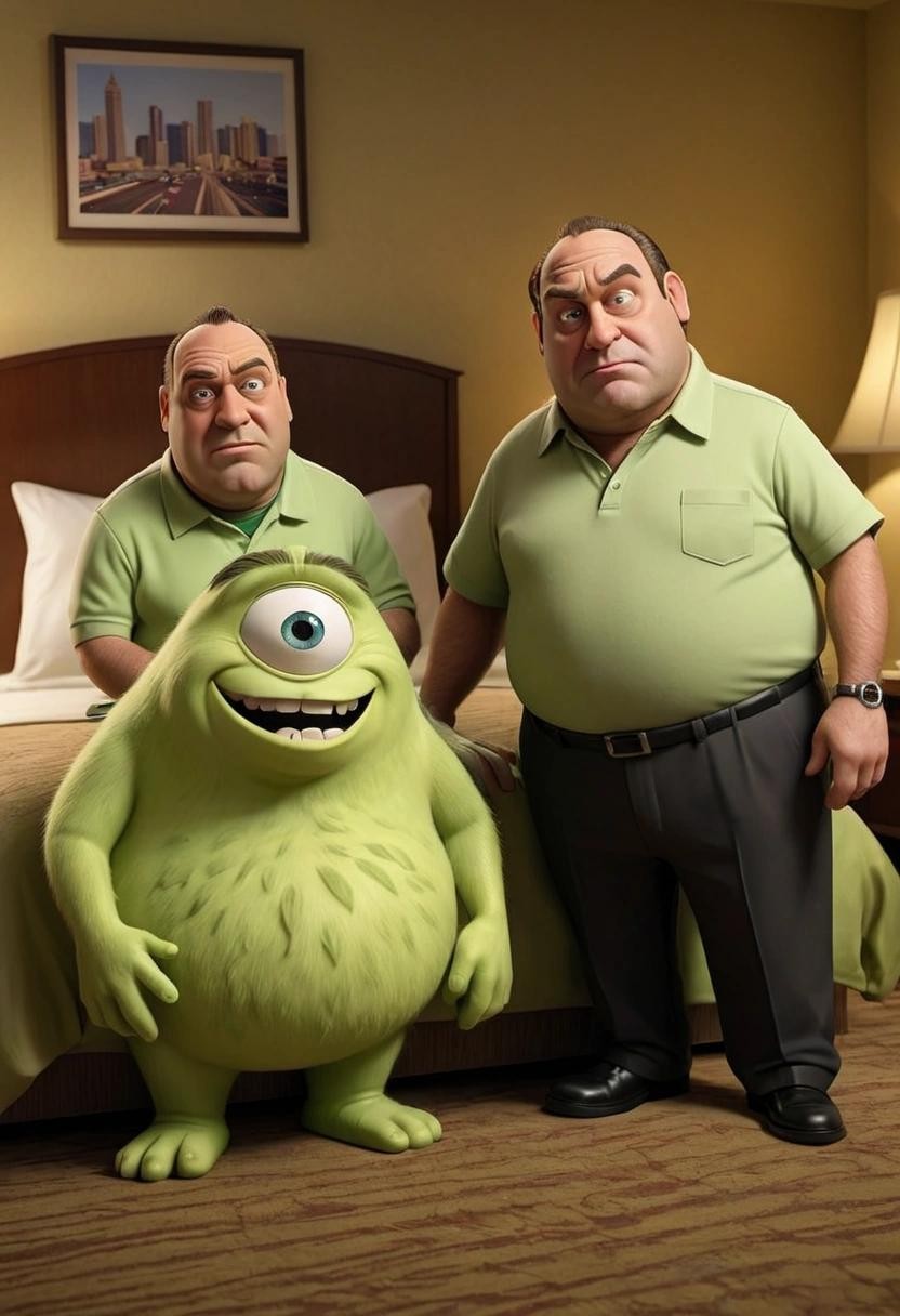 Image with seed 1206934674 generated via Stable Diffusion through @stablehorde@sigmoid.social. Prompt: tony soprano and mike wazowski sharing a hotel room in vegas
