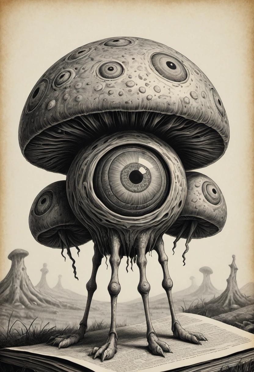 Image with seed 3505316897 generated via Stable Diffusion through @stablehorde@sigmoid.social. Prompt: a fungus with three legs and seven eyes. Retrofuture. Newspaper etching.