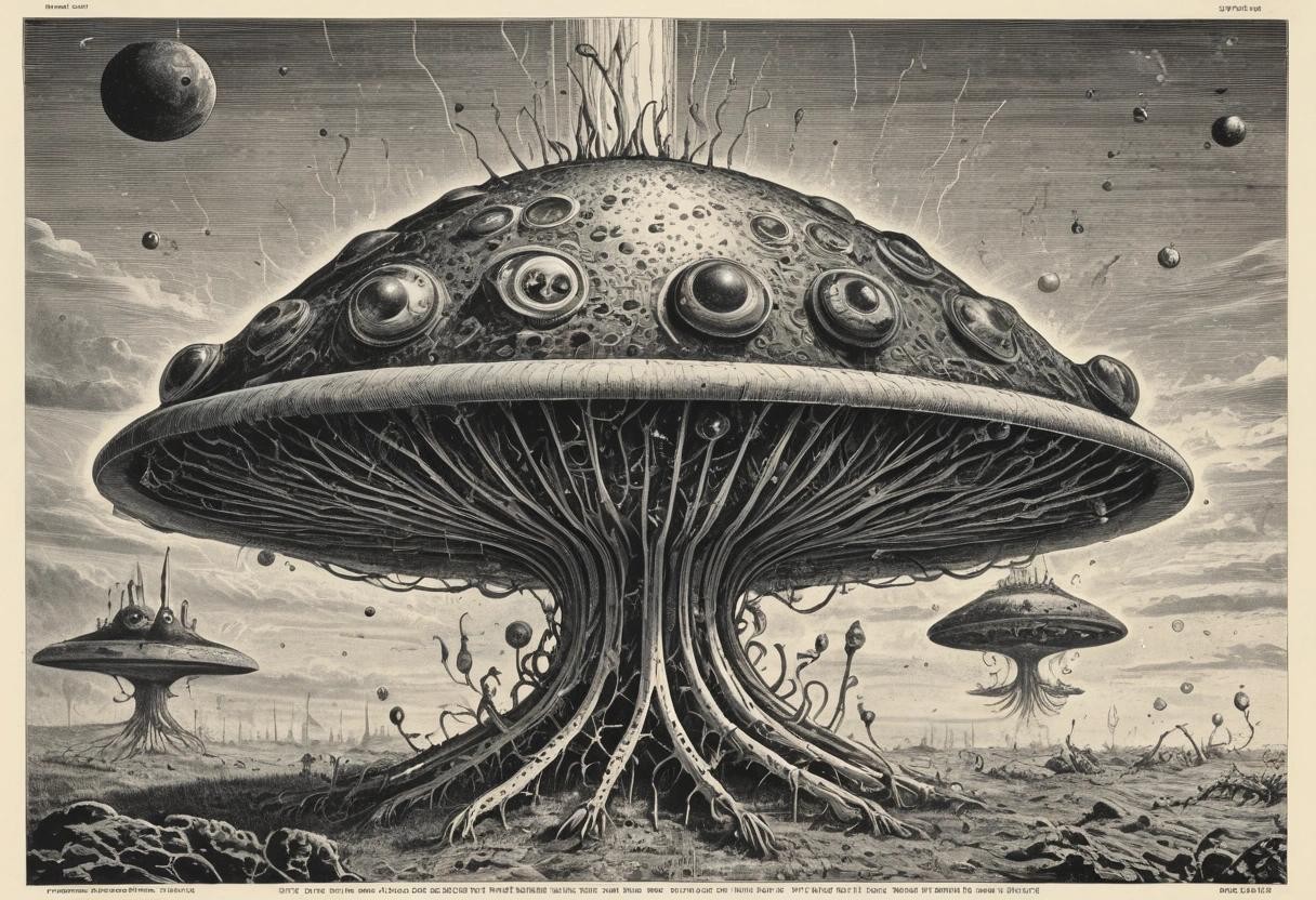 Image with seed 1915454641 generated via Stable Diffusion through @stablehorde@sigmoid.social. Prompt: retro-futuristic a fungus with three legs and three eyes. Newspaper etching.  . vintage sci-fi, 50s and 60s style, atomic age, vibrant, highly detailed###, contemporary, realistic, rustic, primitive