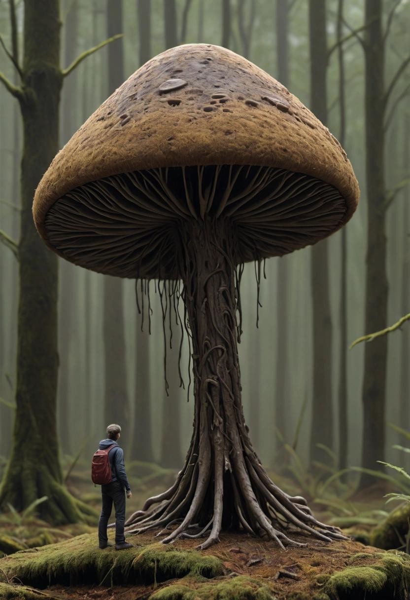 Image with seed 2177797148 generated via Stable Diffusion through @stablehorde@sigmoid.social. Prompt: a tripod fungus. Human for scale. Ex machina. Line etching.