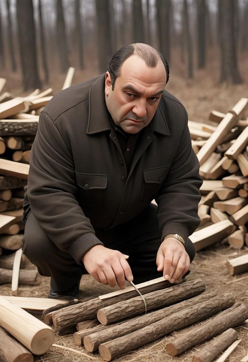Image with seed 2656465332 generated via Stable Diffusion through @stablehorde@sigmoid.social. Prompt: tony soprano measuring cords of firewood with a tiny ruler