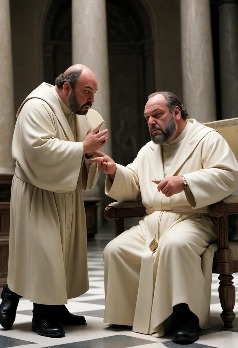 Image with seed 754566985 generated via Stable Diffusion through @stablehorde@sigmoid.social. Prompt: tony soprano pontificating with socrates in the vatican