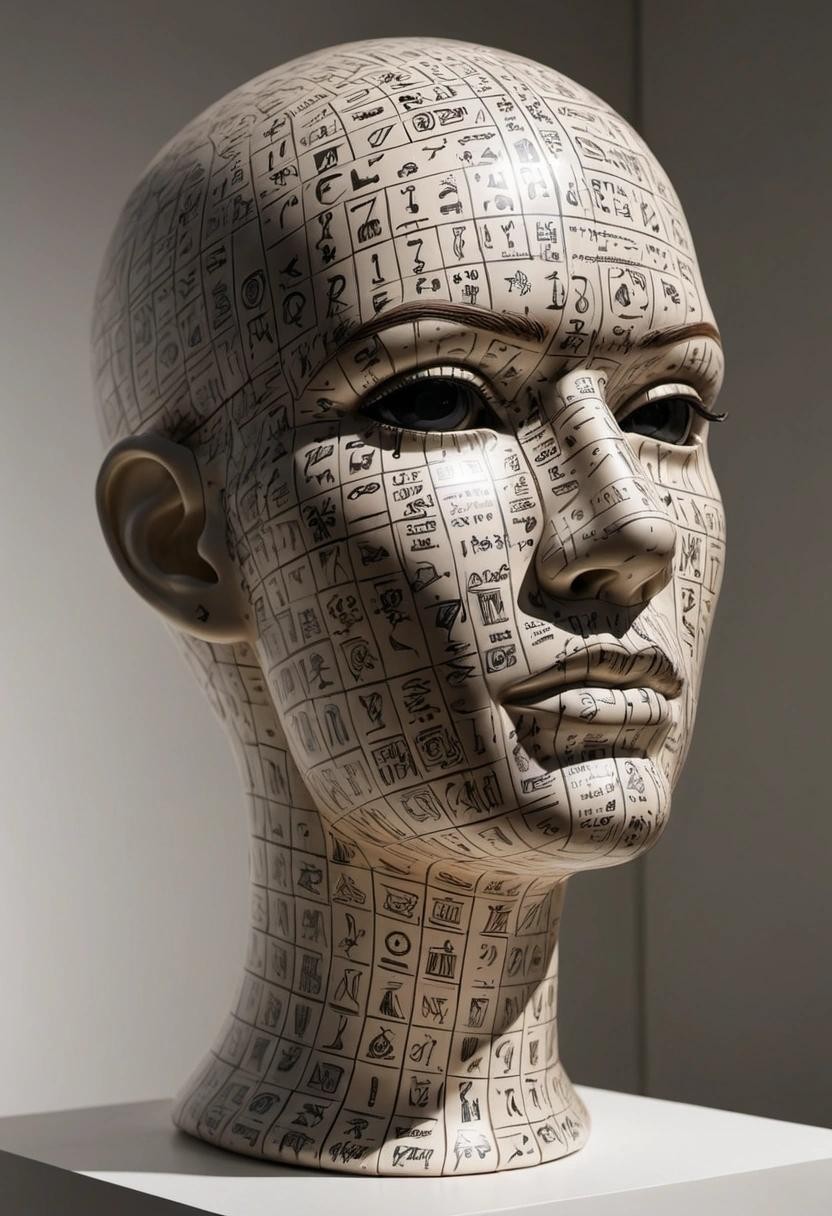 Image with seed 3239937749 generated via Stable Diffusion through @stablehorde@sigmoid.social. Prompt: an artist's mannequin's head which has rows of cryptic symbols shined upon it.