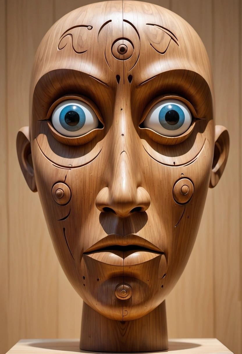 Image with seed 2582126962 generated via Stable Diffusion through @stablehorde@sigmoid.social. Prompt: an artist's wooden figure, eyes blank, cryptic symbols shone on its face, fairly abstract.