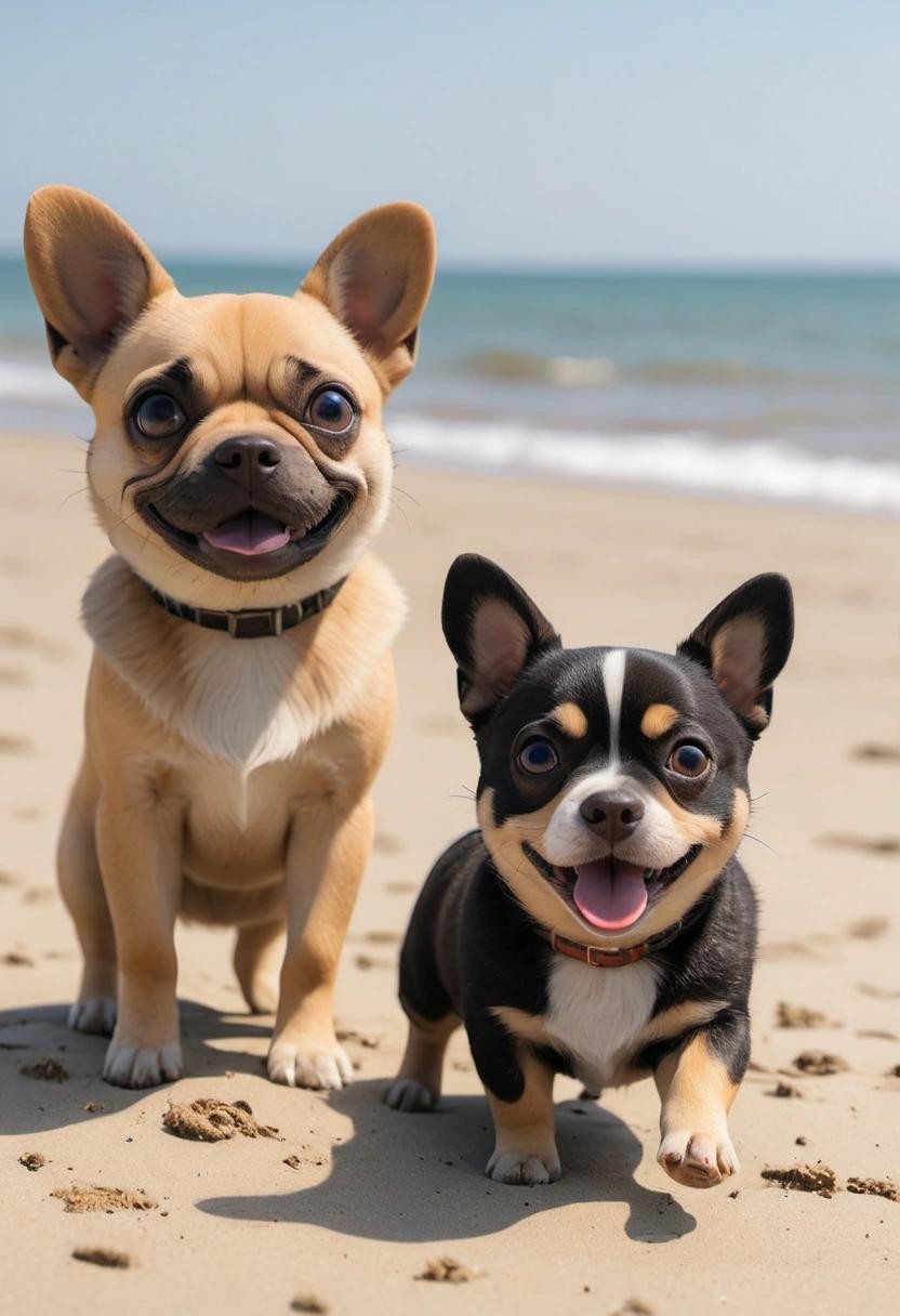 Image with seed 552639753 generated via Stable Diffusion through @stablehorde@sigmoid.social. Prompt: a fawn colored pug and black tricolor colored corgi playing on a beach on a sunny day