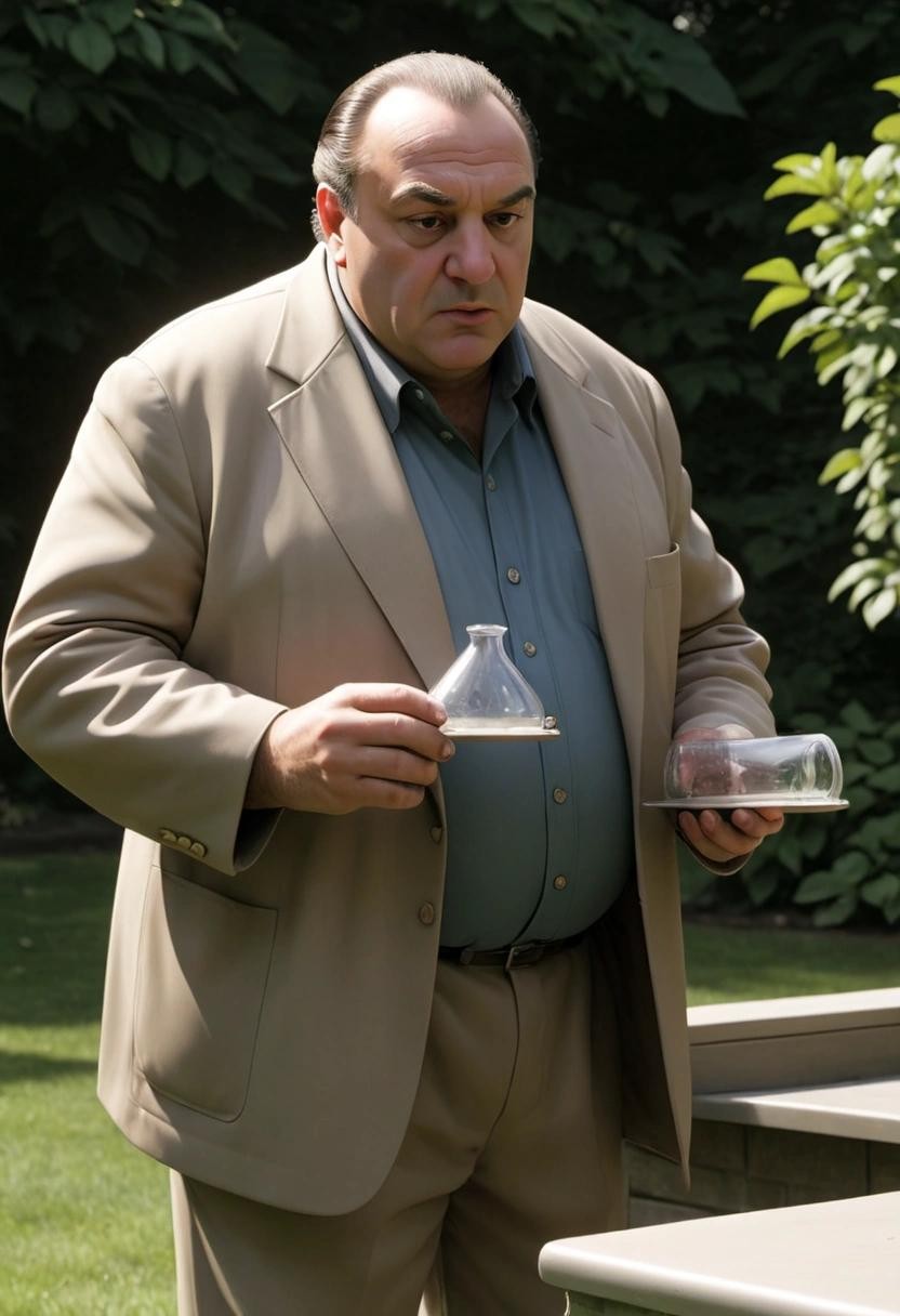 Image with seed 394082302 generated via Stable Diffusion through @stablehorde@sigmoid.social. Prompt: tony soprano discovering bose-einstein condensate matter in his back yard