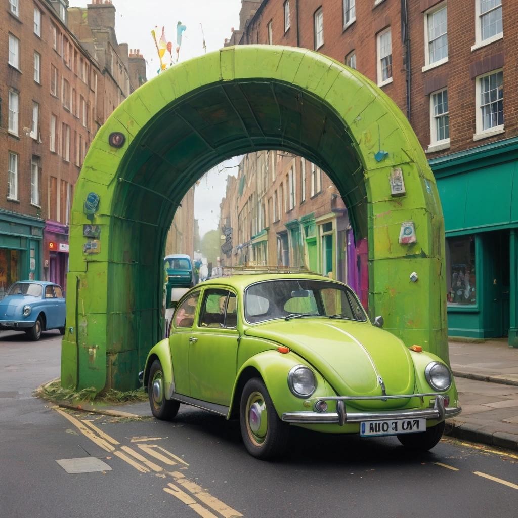 Image with seed 2722778281 generated via Stable Diffusion through @stablehorde@sigmoid.social. Prompt: (Birthday-themed:1.3), a 1970s vw beetle in lime green coming out of a portal in the middle of the road in Britain in the year 2140 , art by Sophie Anderson and Guy Denning and Lisa Frank###, boring, bw, loli, teen