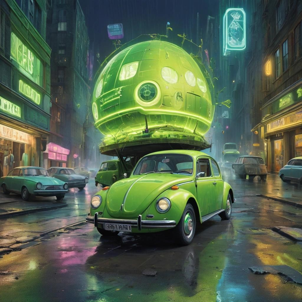 Image with seed 1342713580 generated via Stable Diffusion through @stablehorde@sigmoid.social. Prompt: (Birthday-themed:1.3), a 1970s vw beetle in lime green coming out of a magical (scifi:1.2) like portal in the middle of the road in (futuristic Britain:1.0) in the year 2140 , art by Sophie Anderson and Guy Denning and Lisa Frank###, boring, bw, loli, teen