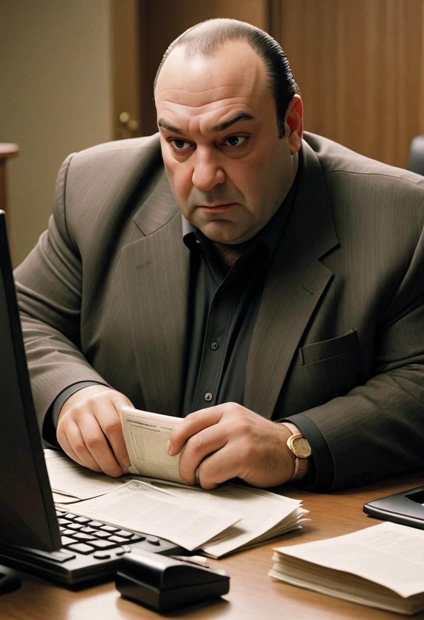 Image with seed 4252309074 generated via Stable Diffusion through @stablehorde@sigmoid.social. Prompt: tony soprano logging on to pay for his copy of winrar