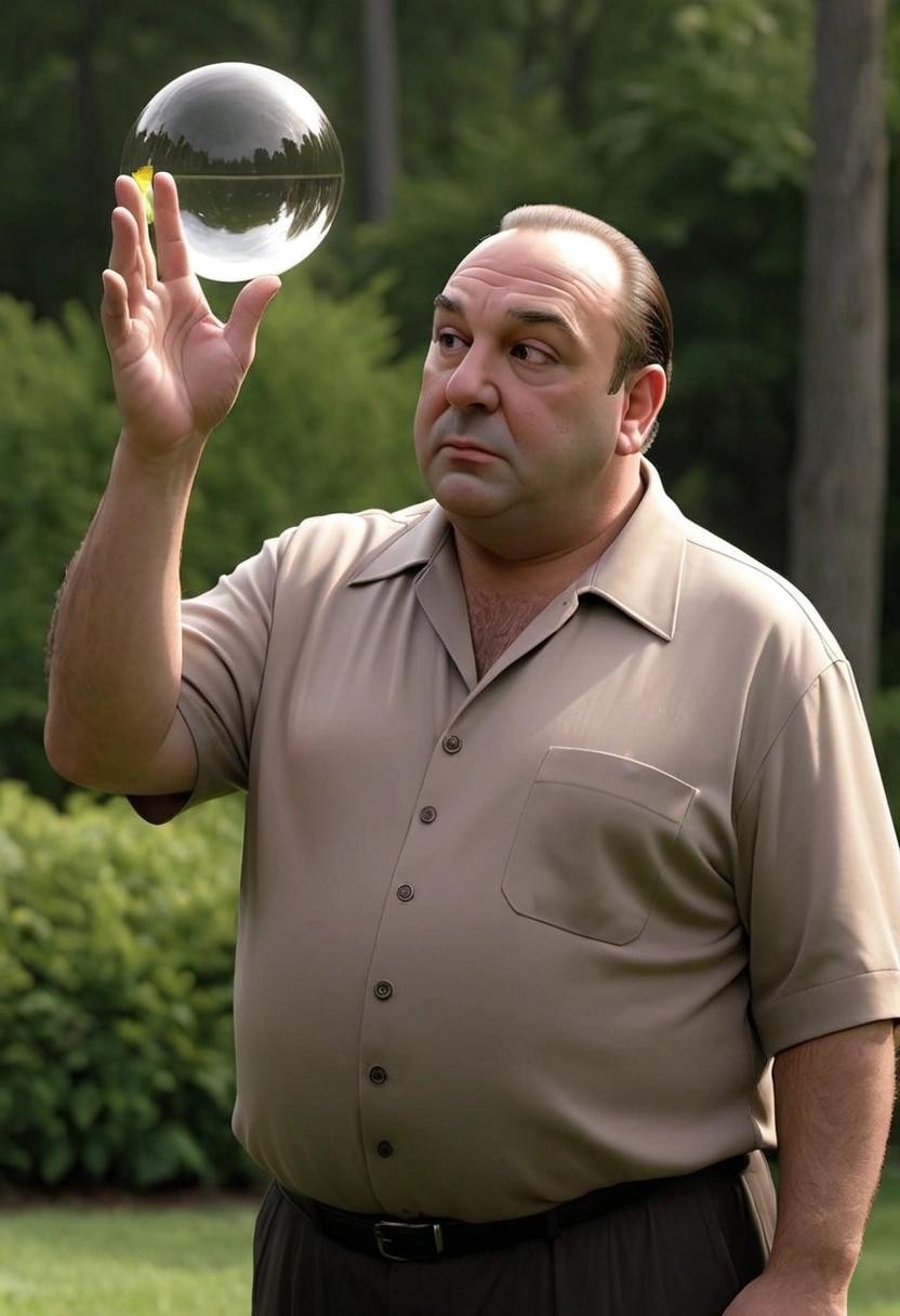 Image with seed 1322511987 generated via Stable Diffusion through @stablehorde@sigmoid.social. Prompt: tony soprano hailing the orb