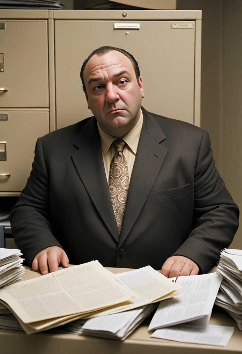 Image with seed 1467531076 generated via Stable Diffusion through @stablehorde@sigmoid.social. Prompt: tony soprano living in a filing cabinet