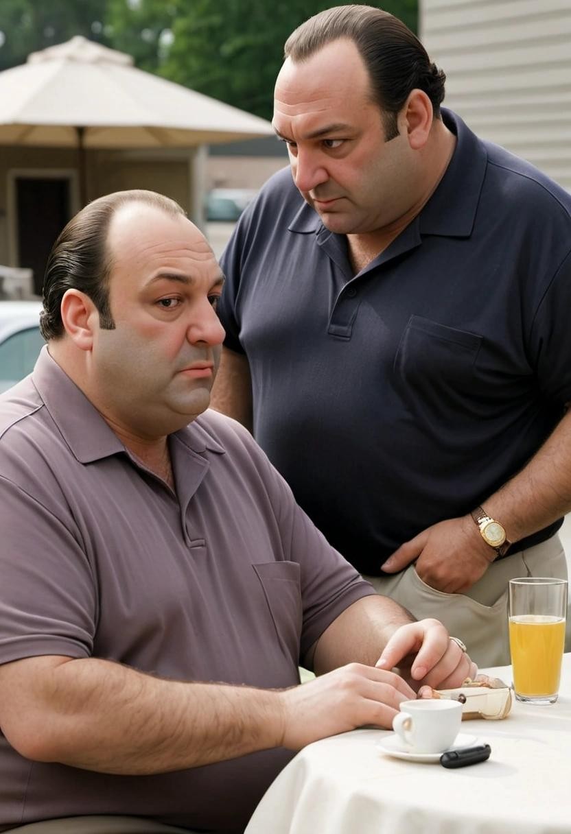 Image with seed 3597061349 generated via Stable Diffusion through @stablehorde@sigmoid.social. Prompt: Tony Soprano talking with his good friend Adrian Dittman who is also Tony Soprano