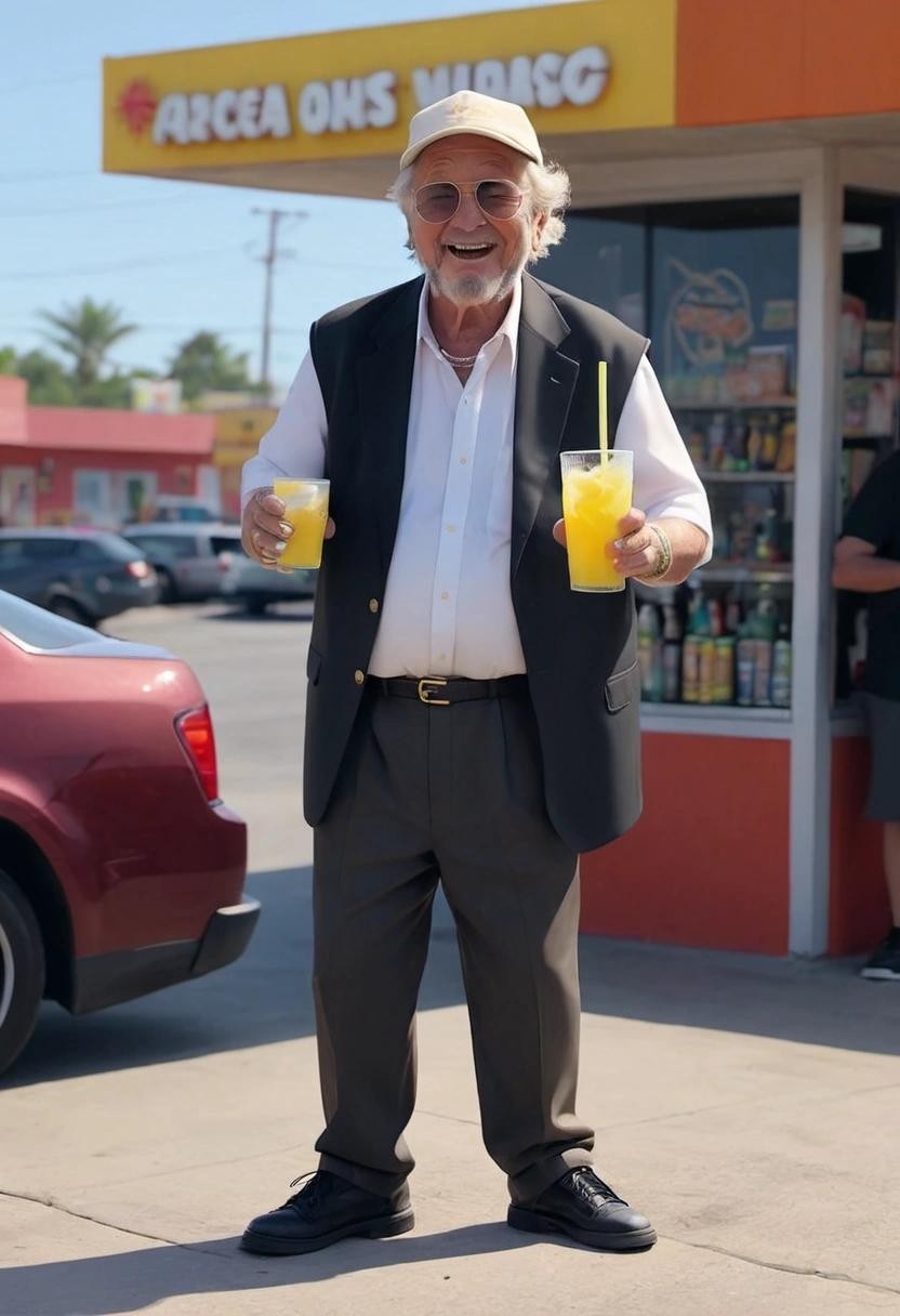 Image with seed 3225067765 generated via Stable Diffusion through @stablehorde@sigmoid.social. Prompt: the old guy who dances in the Post Malone video for the song “Wow” enjoying a margarita outside a gas station