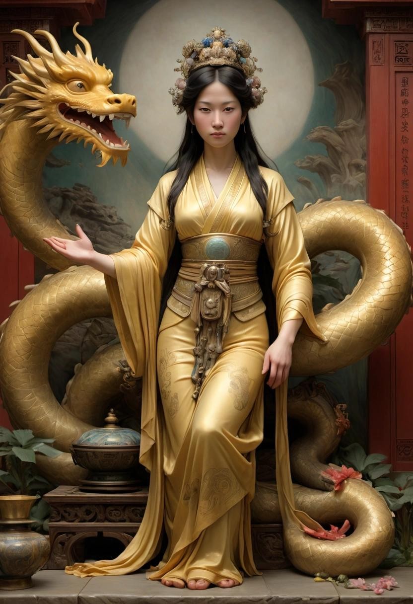 Image with seed 3470925856 generated via Stable Diffusion through @stablehorde@sigmoid.social. Prompt: an Alma-Tadema Year of the Dragon featuring Kwan Yin.