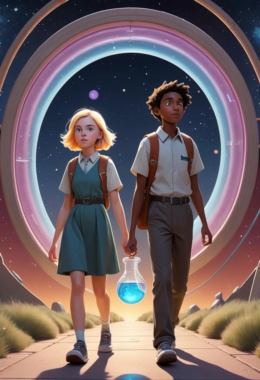 Image with seed 641364261 generated via Stable Diffusion through @stablehorde@sigmoid.social. Prompt: two retrofuture school kids, male and female, glancing at each other whilst walking into a portal whilst carrying test tubes, Erlenmeyer flasks. The backdrop is suburban; the portal has stars. 