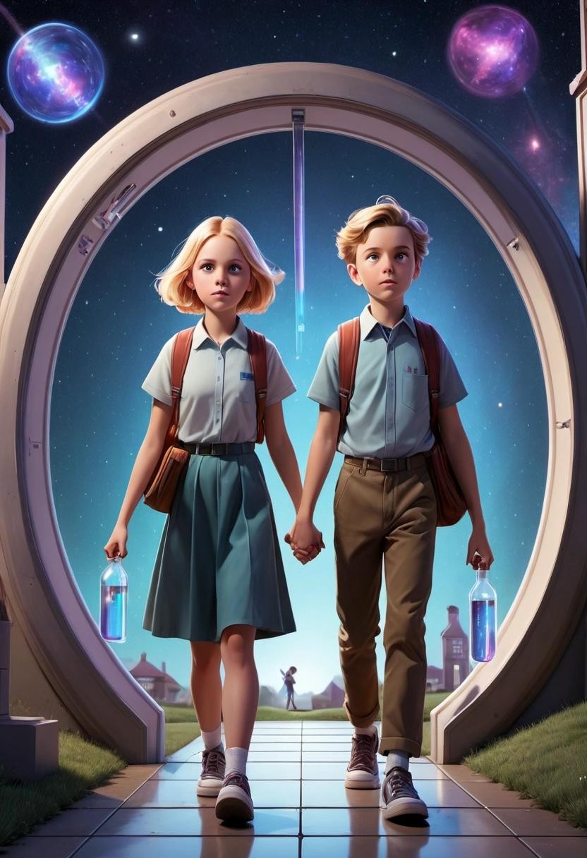 Image with seed 700955979 generated via Stable Diffusion through @stablehorde@sigmoid.social. Prompt: two retrofuture school kids, male and female, glancing at each other whilst walking into a portal whilst carrying test tubes, Erlenmeyer flasks. The backdrop is suburban; the portal has stars. 